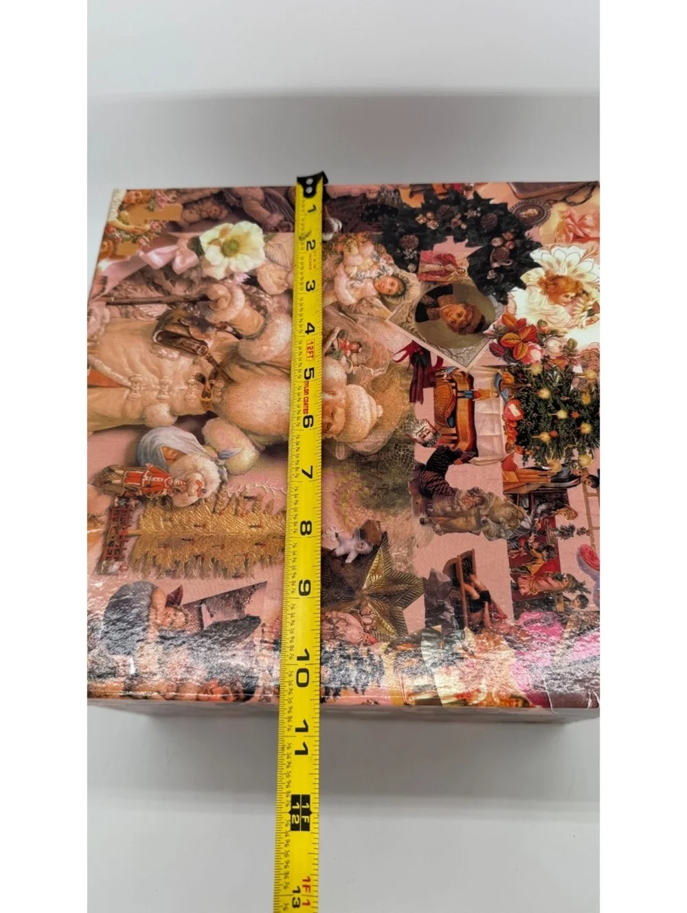 Vintage Christmas Decoupage Storage Box Santa Angels Collage 10.5”